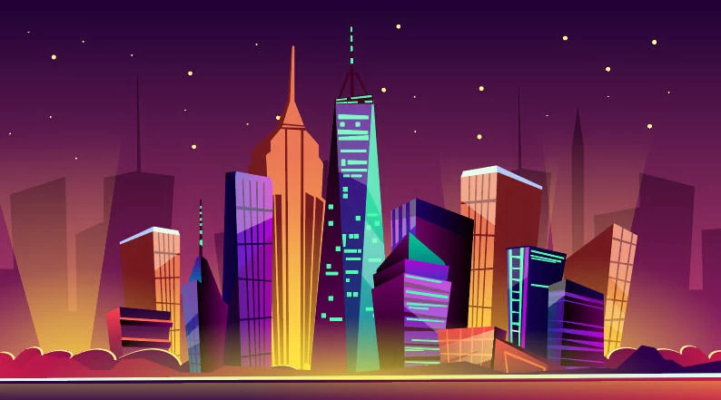 未来科技科幻霓虹灯渐变绚丽城市建筑夜景灯光插画AI/PSD设计素材100套【043】